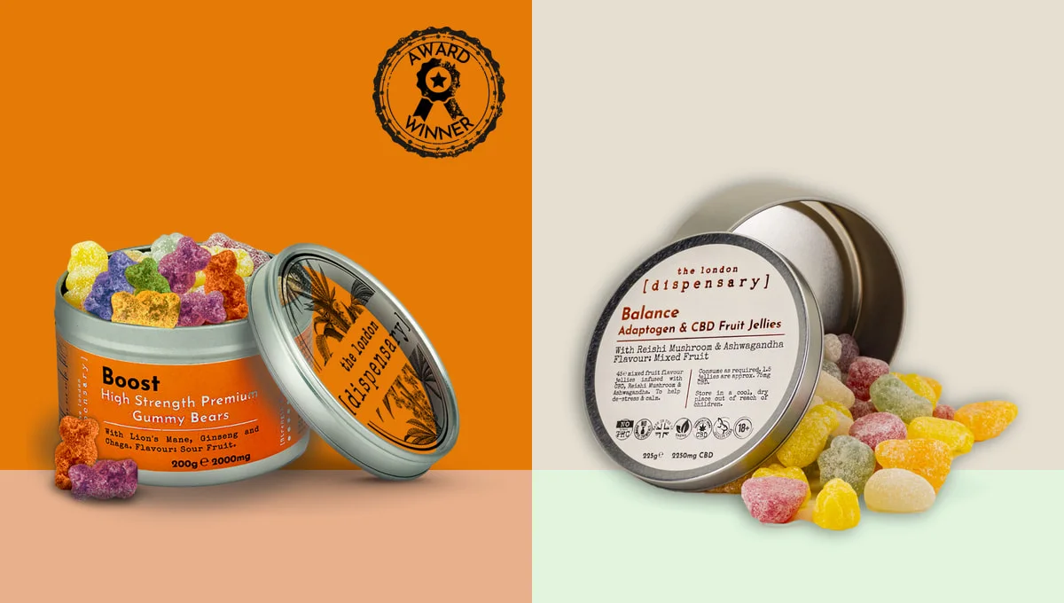 Boost CBD mushroom gummies on orange and Balance CBD fruit jellies on cream