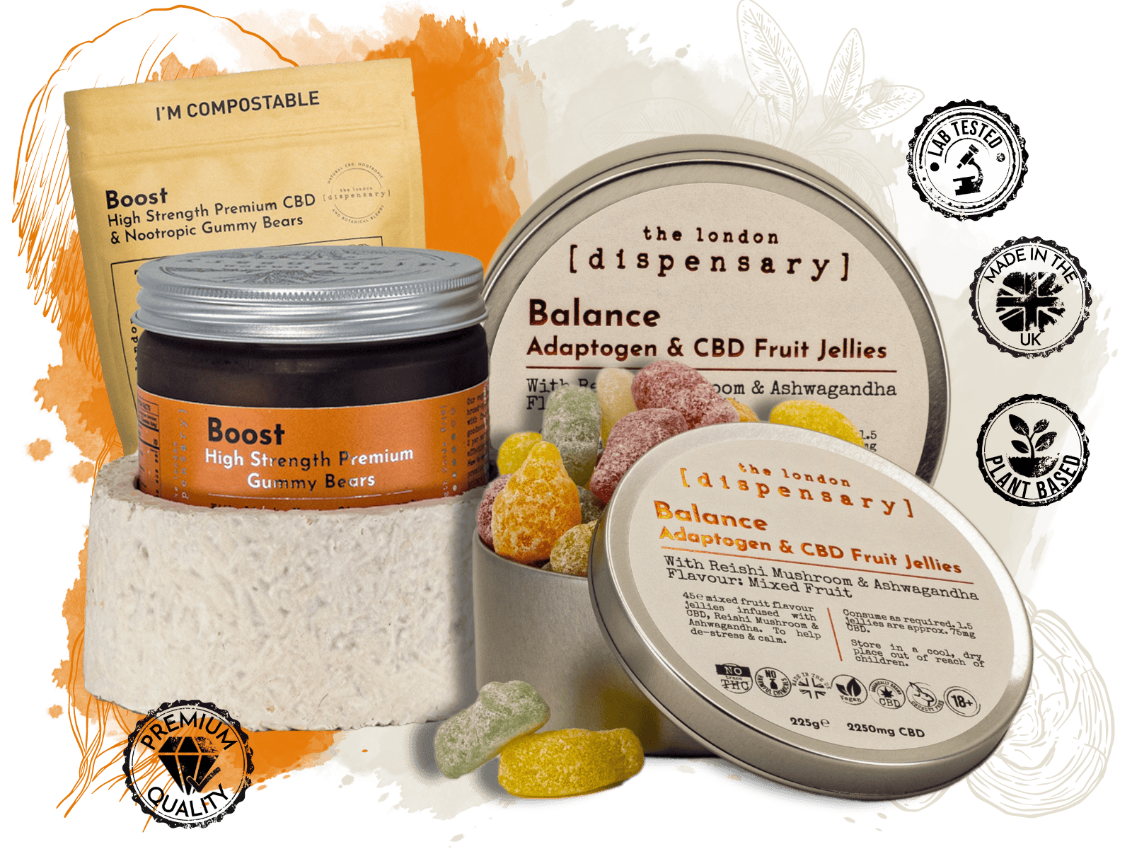 The London Dispensary, award winning gummies. With CBD, ashwagandha, reishi, lions mane, adaptogens and nootropics.