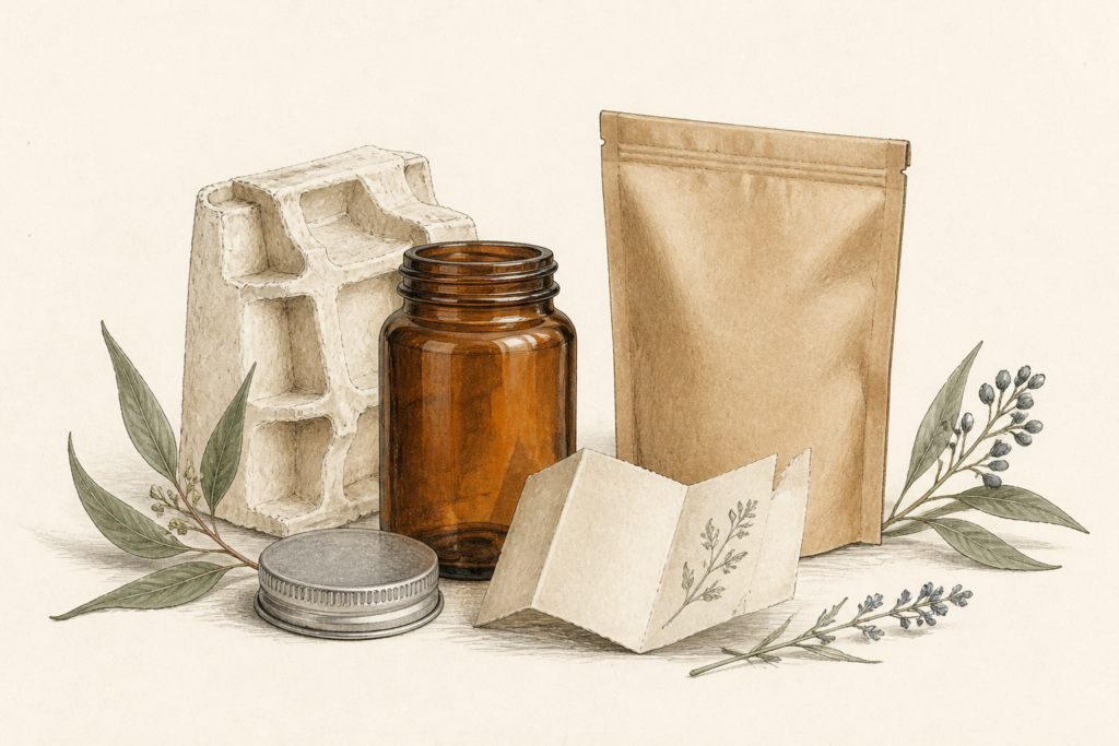 Hand-drawn still life of recyclable and compostable packaging materials