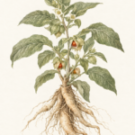 Botanical illustration of an Ashwagandha plant with exposed roots