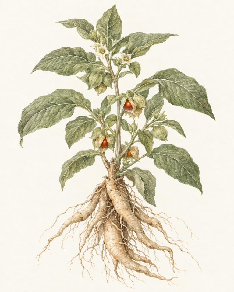 Botanical illustration of an Ashwagandha plant with exposed roots