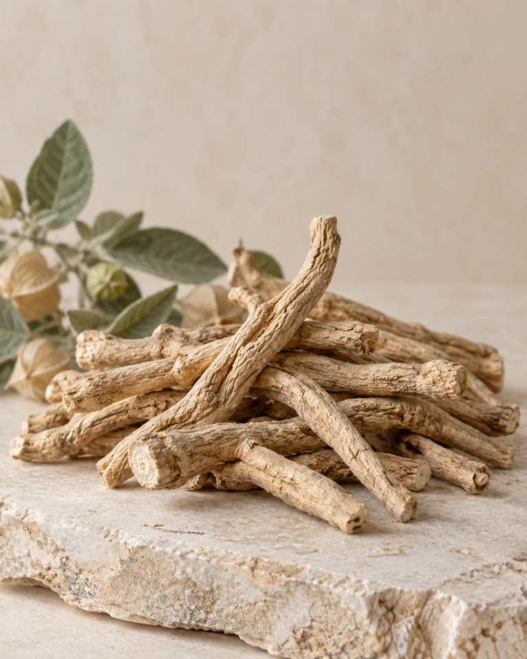 Dried Ashwagandha roots arranged on a pale stone surface