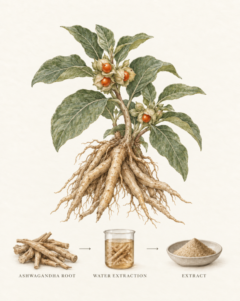Botanical illustration showing Ashwagandha root, water extraction and finished extract