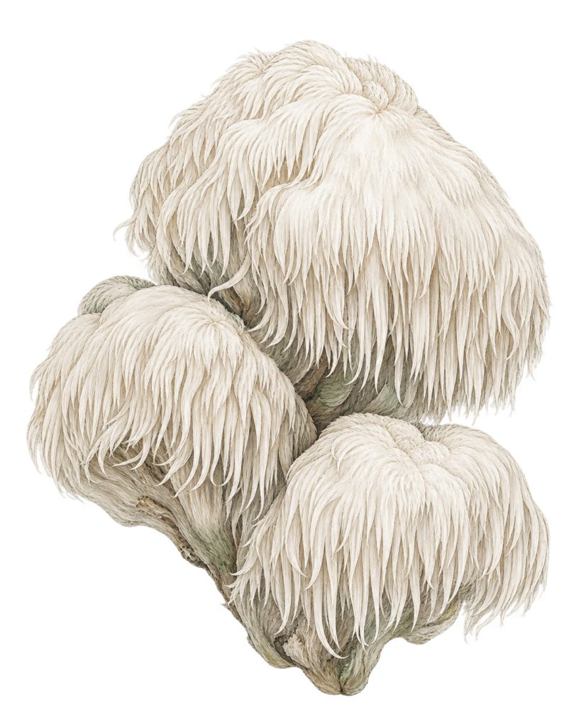 Botanical illustration of a Lion's Mane mushroom cluster