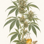Botanical illustration of hemp flowers and leaves beside a flask and dropper of golden extract