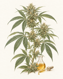 Botanical illustration of hemp flowers and leaves beside a flask and dropper of golden extract