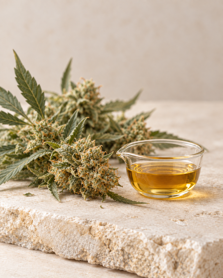 Hemp flowers and a glass bowl of golden extract on a pale stone surface