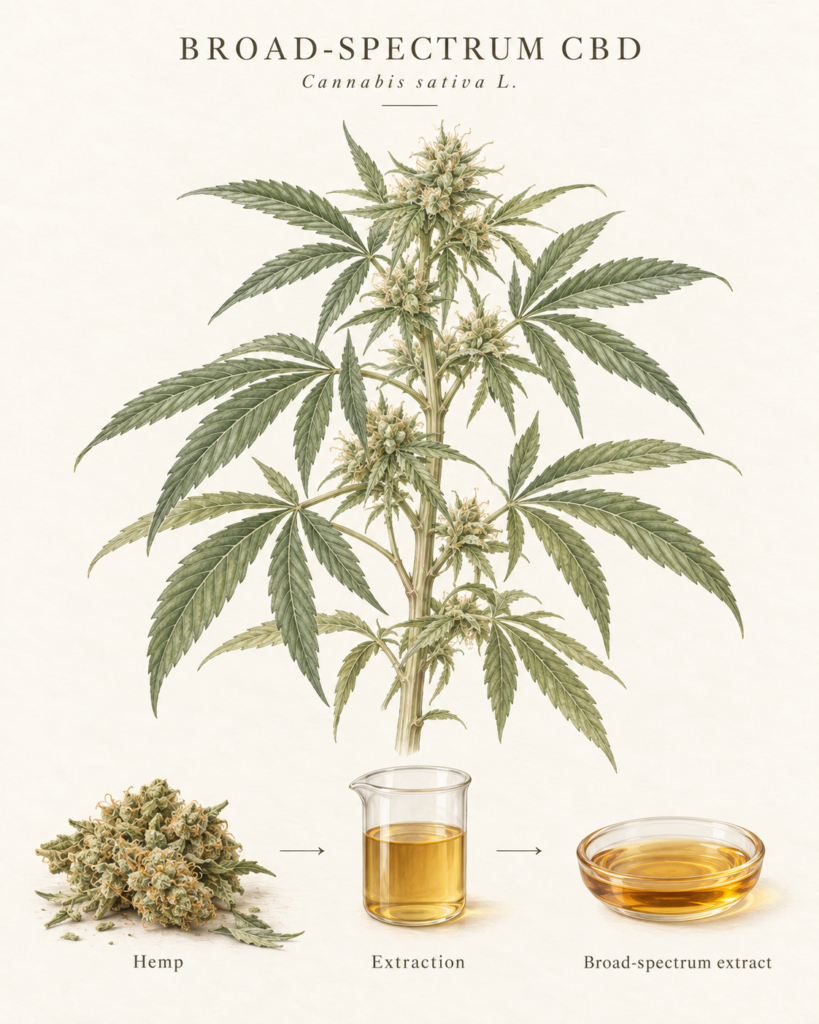 Botanical diagram showing hemp, extraction and broad-spectrum extract