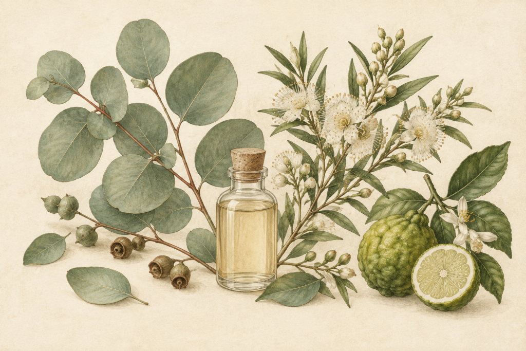 Botanical illustration of Eucalyptus, Tea Tree and Bergamot beside an essential-oil bottle