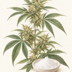 Botanical illustration of hemp flowers and leaves beside a bowl of white CBD isolate crystals