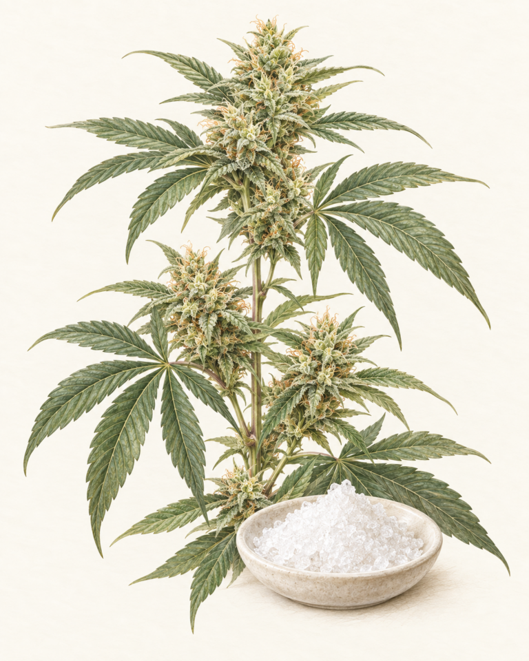 Botanical illustration of hemp flowers and leaves beside a bowl of white CBD isolate crystals