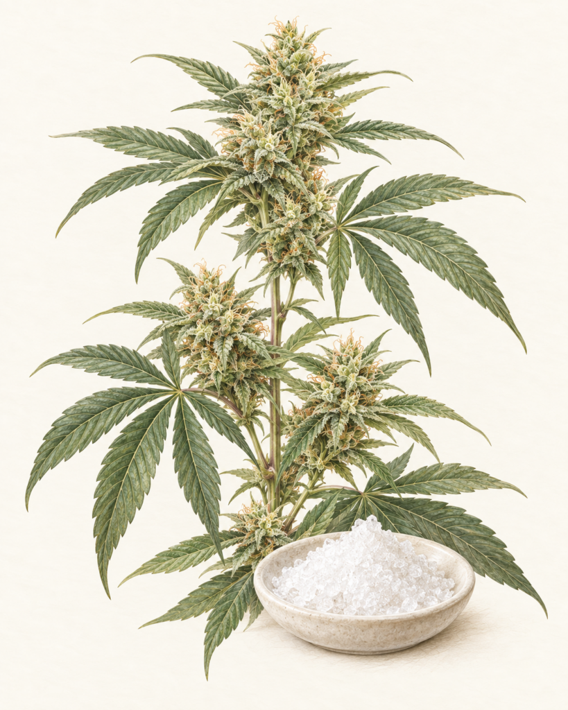 Botanical illustration of hemp flowers and leaves beside a bowl of white CBD isolate crystals