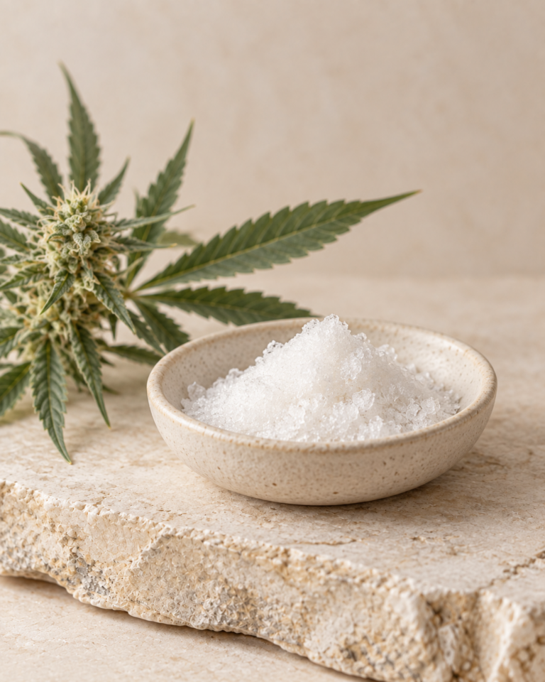A ceramic bowl of white crystals beside hemp flowers on pale stone