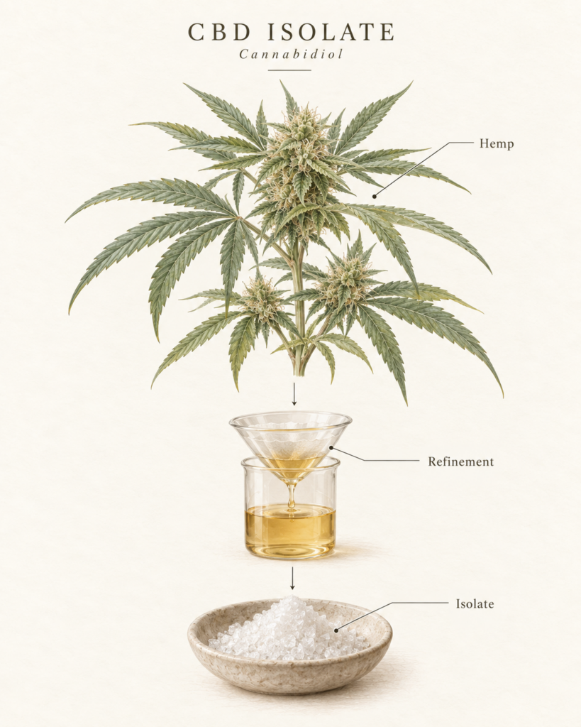 Botanical diagram showing hemp, refinement and white CBD isolate crystals