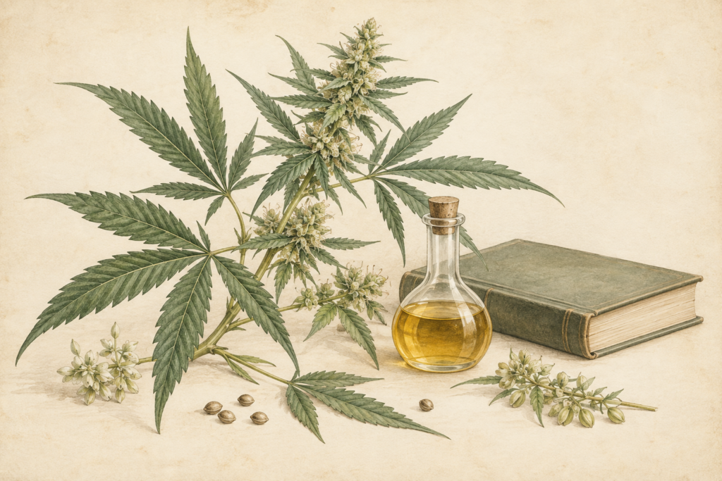 Botanical illustration of hemp and golden extract beside a plain reference book