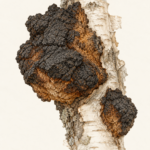 Botanical illustration of Chaga growing on birch