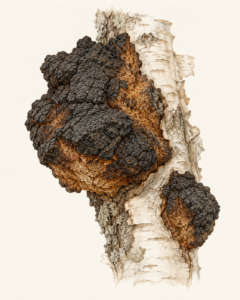 Botanical illustration of Chaga growing on birch
