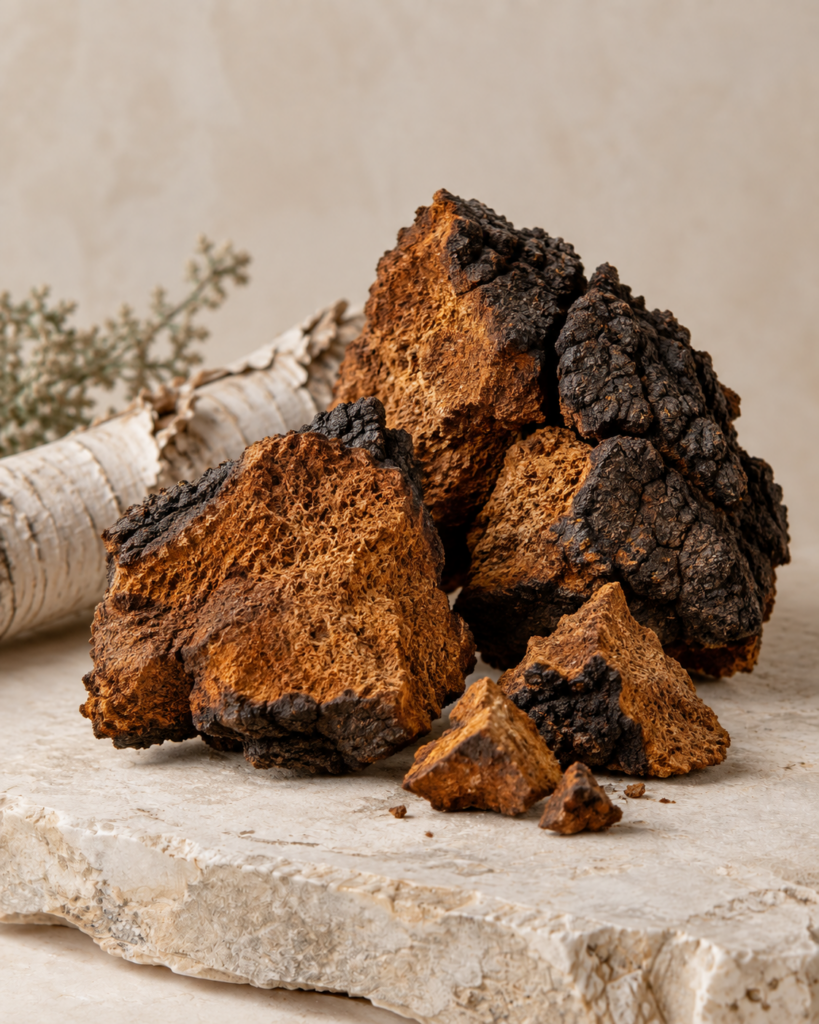 Pieces of Chaga arranged on a pale stone surface beside birch