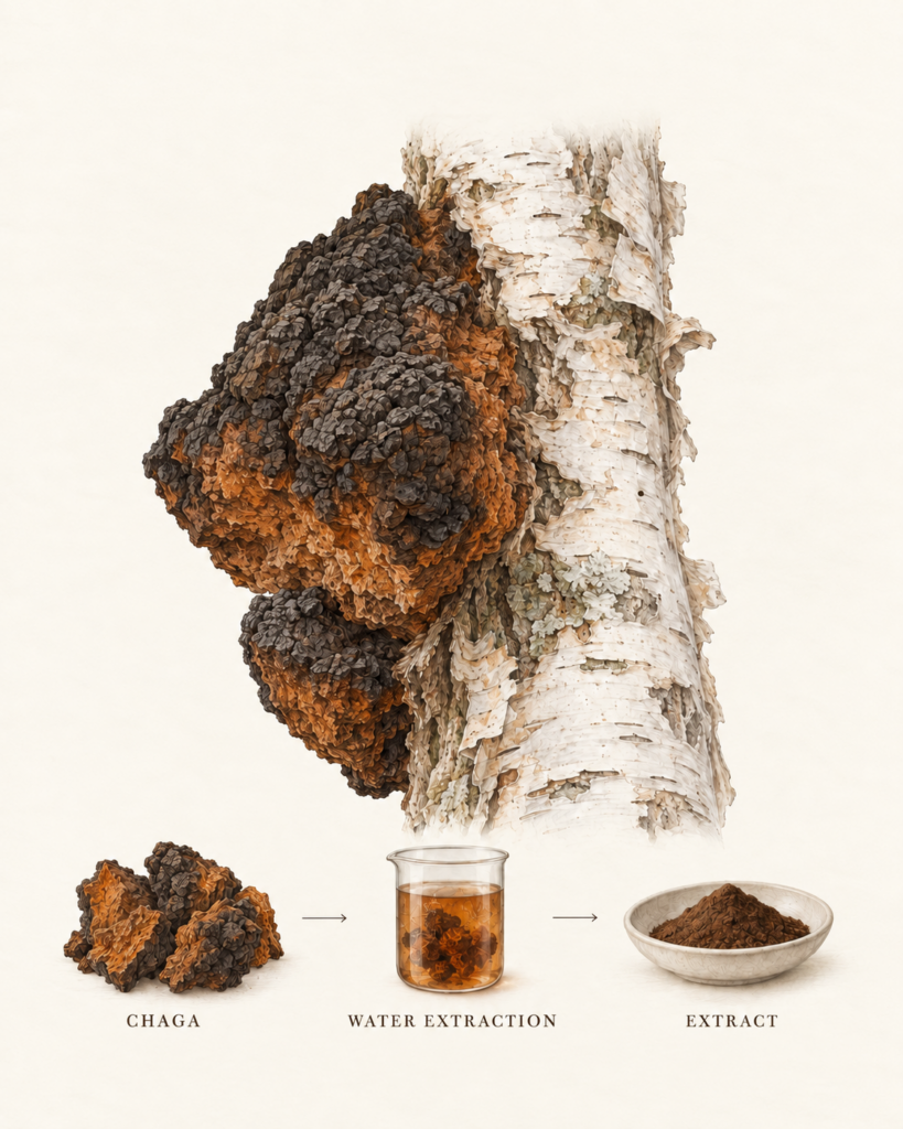 Botanical illustration showing Chaga, water extraction and finished extract