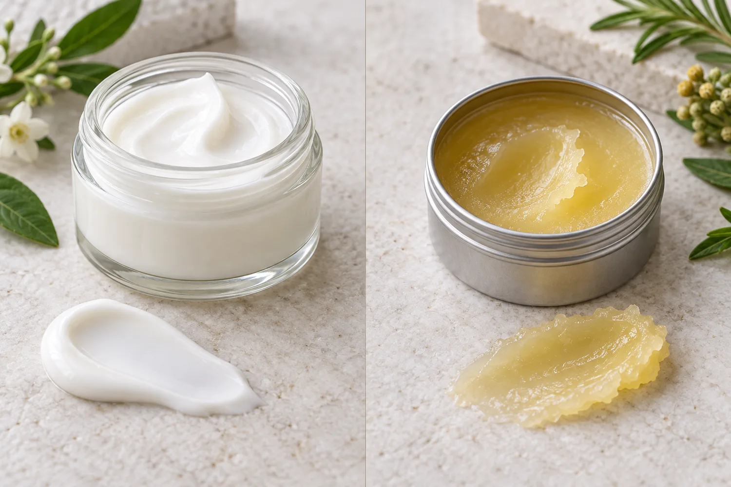 Light cream and richer balm textures compared side by side