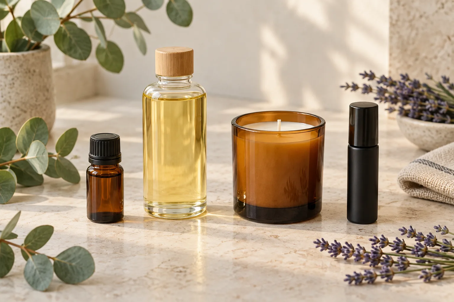 Essential oil, carrier oil, candle and roll-on formats arranged on pale stone