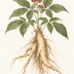 Botanical illustration of a ginseng plant with green leaves, red berries and exposed roots