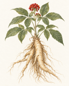 Botanical illustration of a ginseng plant with green leaves, red berries and exposed roots