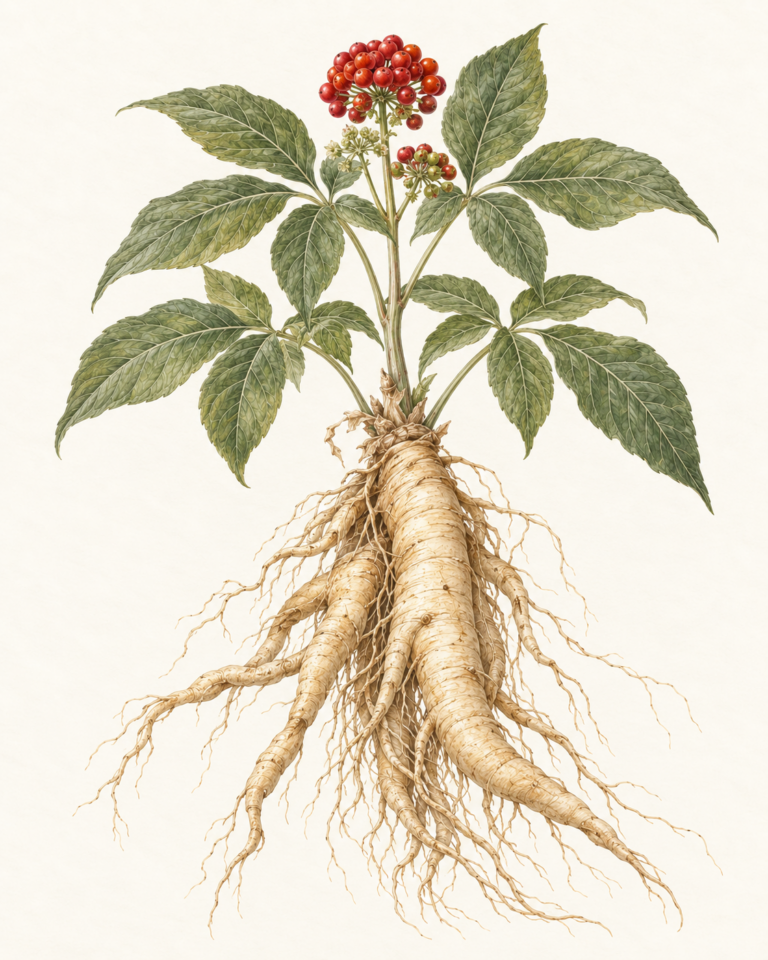 Botanical illustration of a ginseng plant with green leaves, red berries and exposed roots