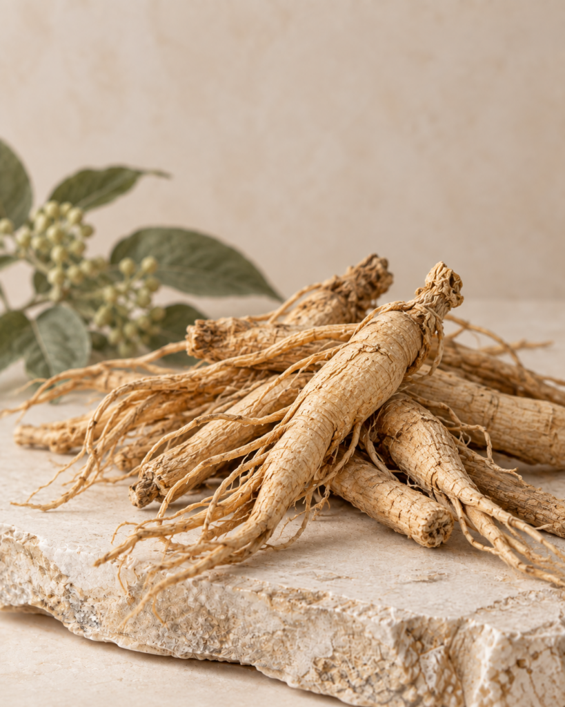 Dried ginseng roots arranged on a pale stone surface
