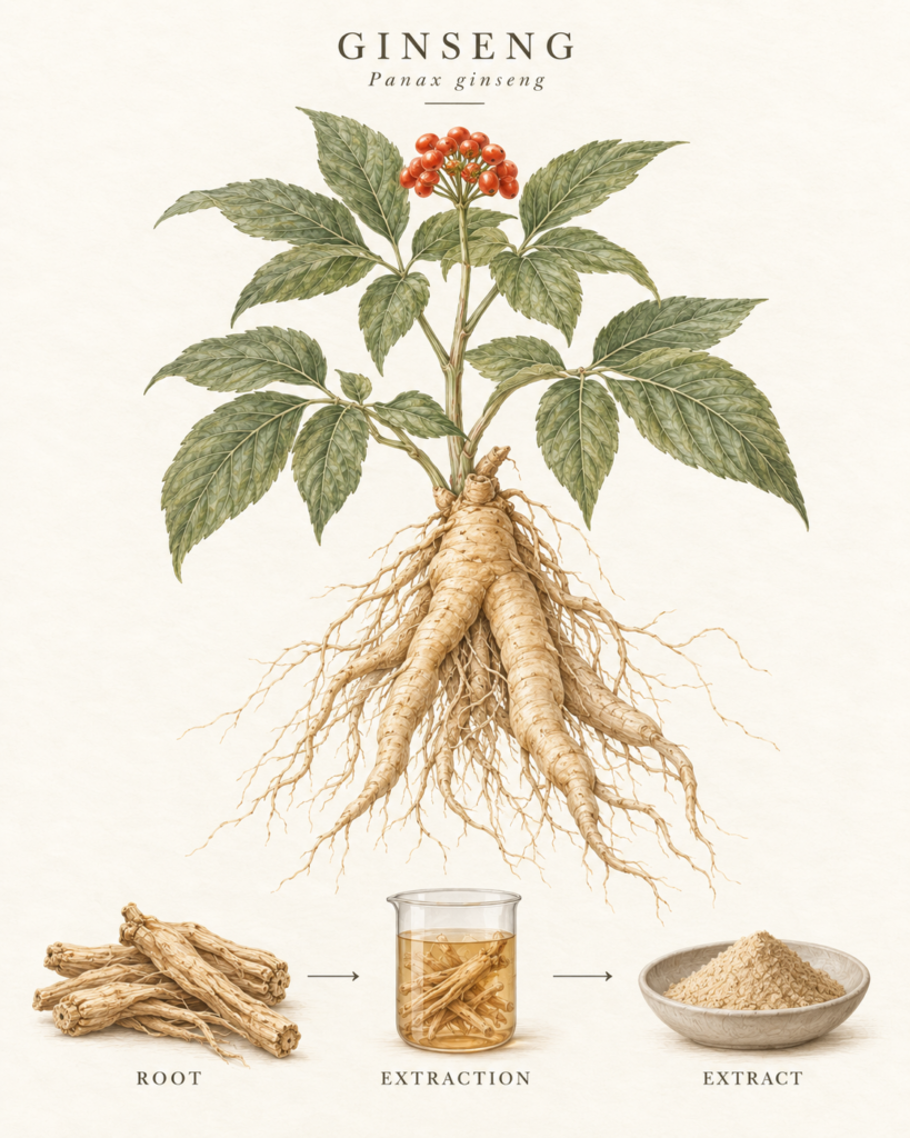 Botanical illustration labelled Panax ginseng showing root, extraction and extract