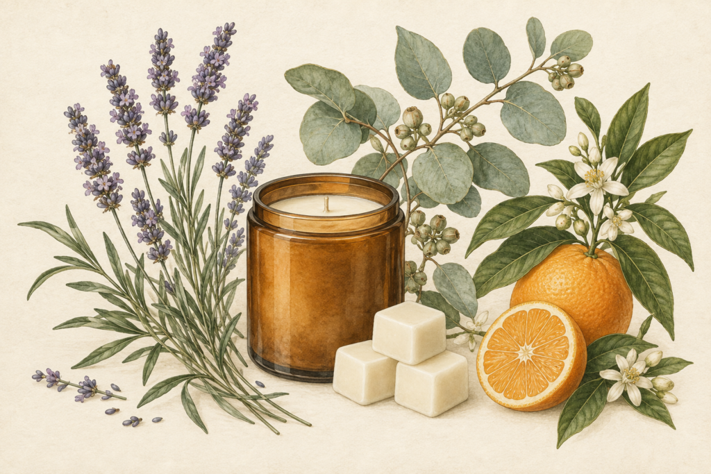Botanical illustration of an unlit candle and wax melts beside Lavender, Eucalyptus and Sweet Orange