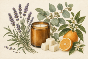 Botanical illustration of an unlit candle and wax melts beside Lavender, Eucalyptus and Sweet Orange