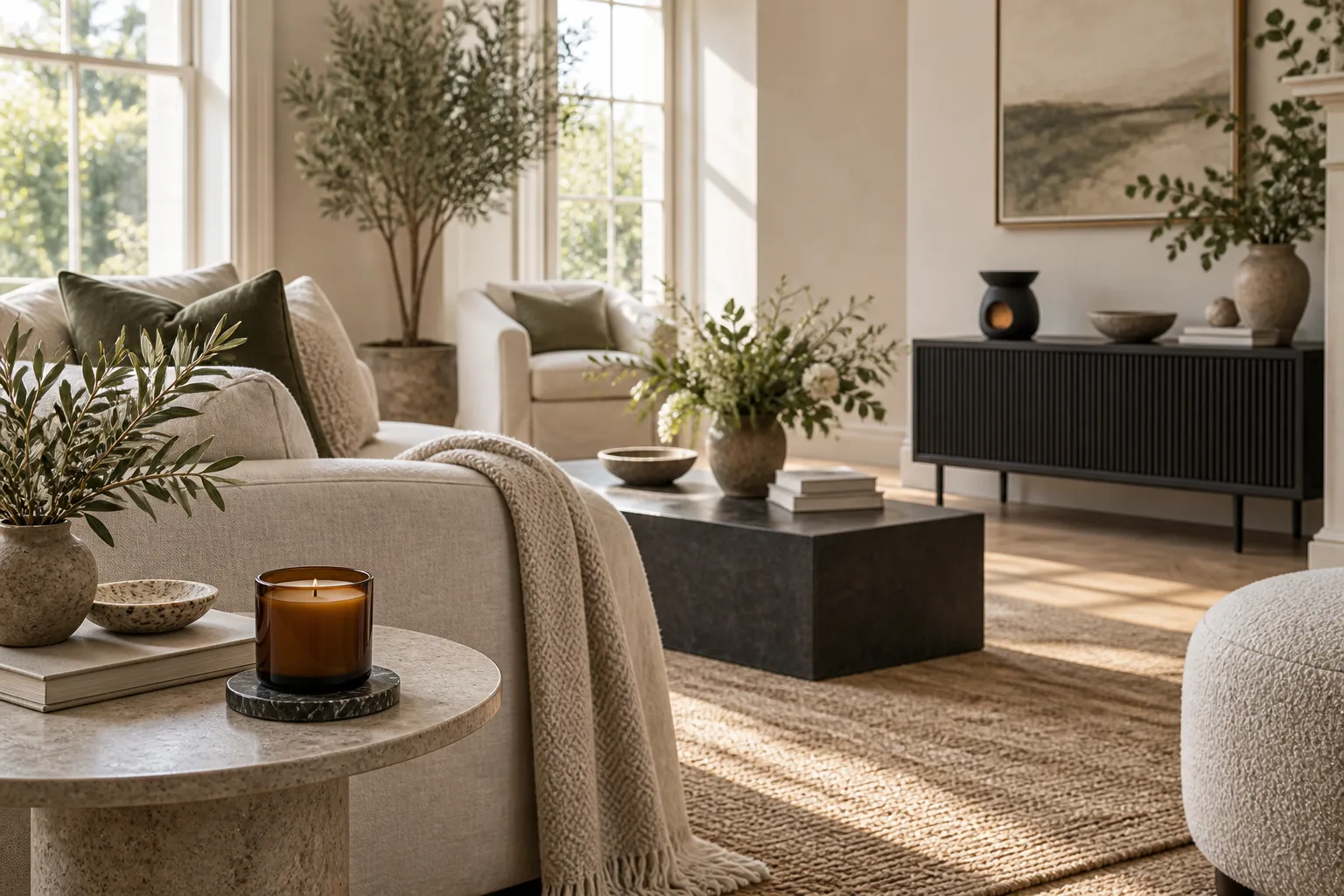 Amber candle and wax warmer placed in a bright neutral living room