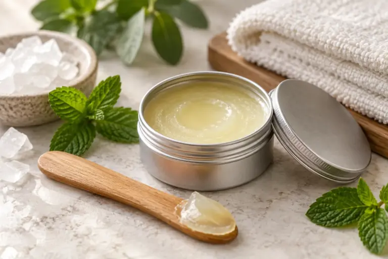 Botanical CBD balm texture in a metal tin