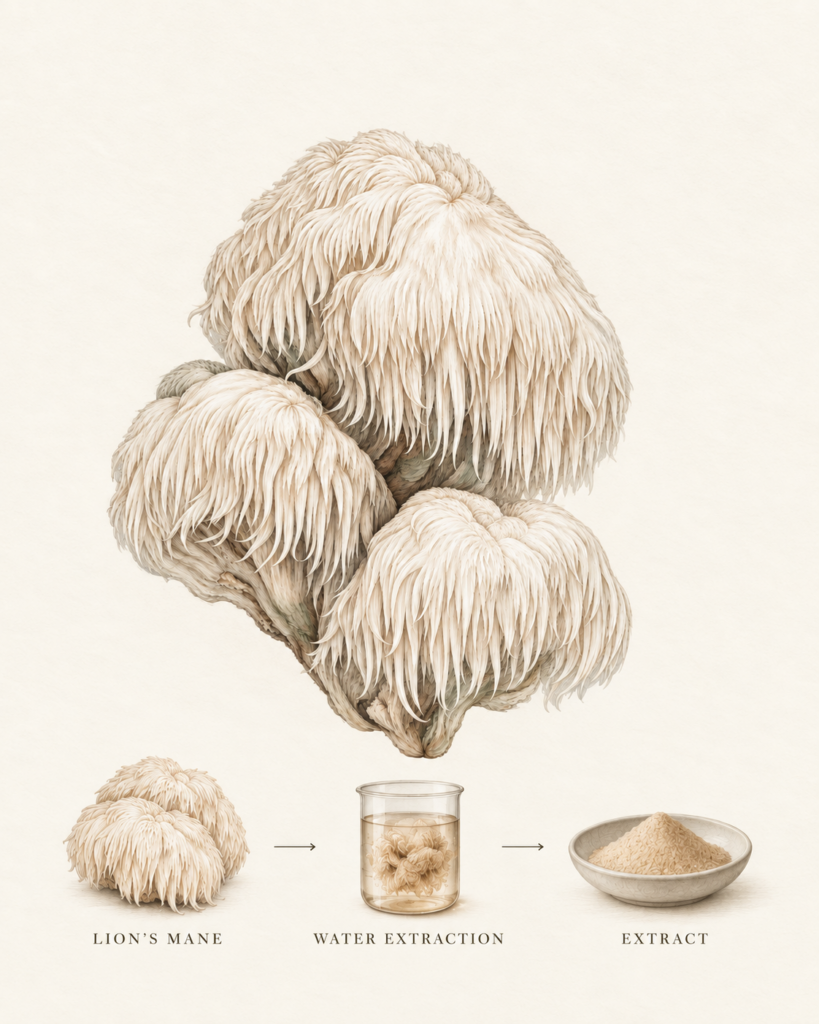 Botanical illustration showing Lion's Mane, water extraction and finished extract