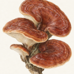 Botanical illustration of a cluster of Reishi mushrooms