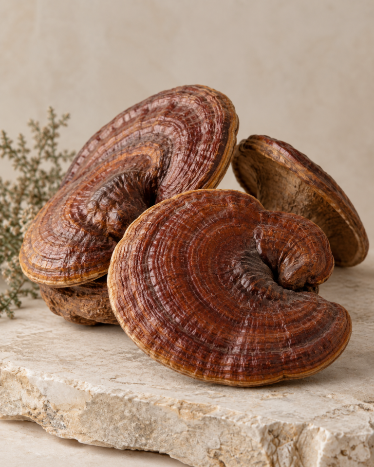 Reishi mushrooms arranged on a pale stone surface