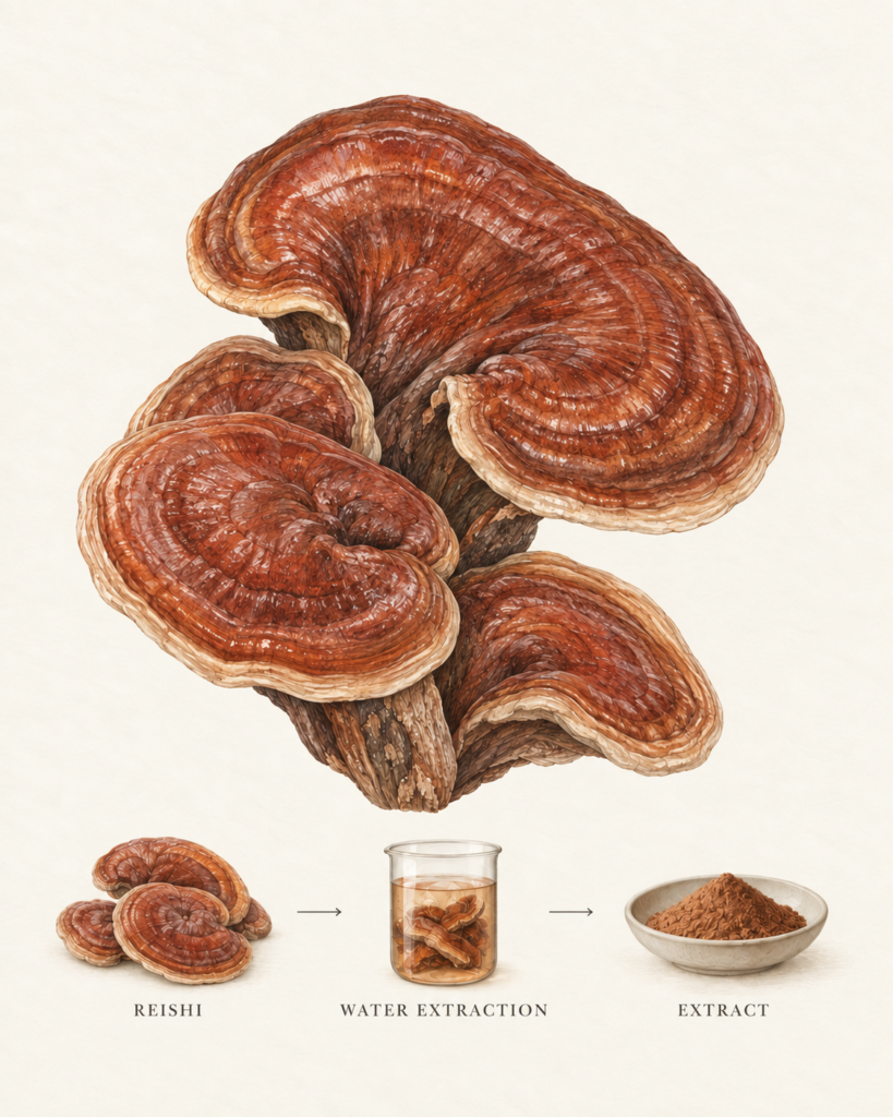 Botanical illustration showing Reishi, water extraction and finished extract