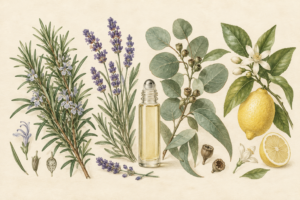 Botanical illustration of a rollerball bottle surrounded by Rosemary, Lavender, Eucalyptus and Lemon