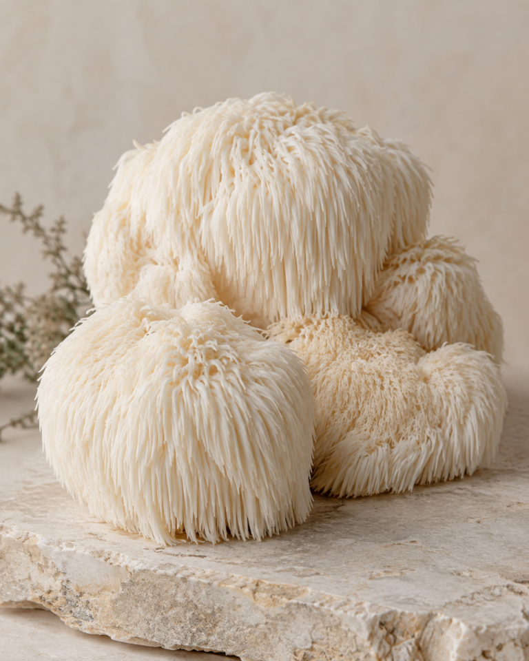 Fresh shaggy Lion's Mane mushrooms arranged on a pale stone surface
