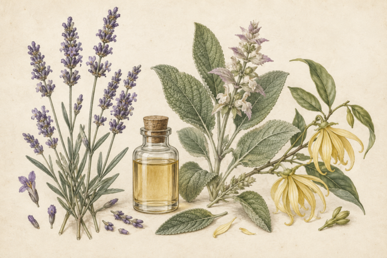 Botanical illustration of Lavender, Clary Sage and Ylang Ylang beside an essential-oil bottle