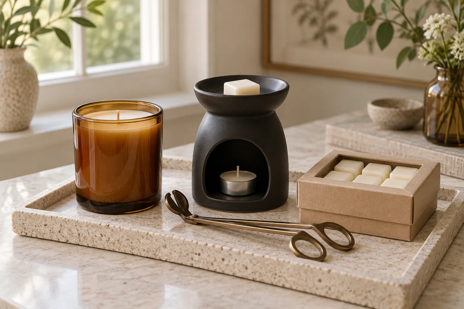 Unlit candle, cooled wax-melt burner, wick trimmer and wax cubes on a heat-resistant tray