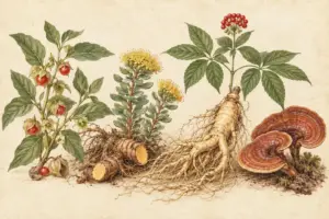 Botanical study of Ashwagandha, Rhodiola, Ginseng and Reishi on parchment