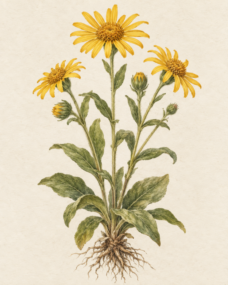 Botanical illustration of flowering Arnica montana with golden flowers