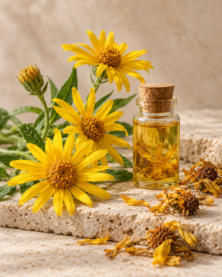 Yellow Arnica montana flowers on pale stone beside an unbranded botanical vial