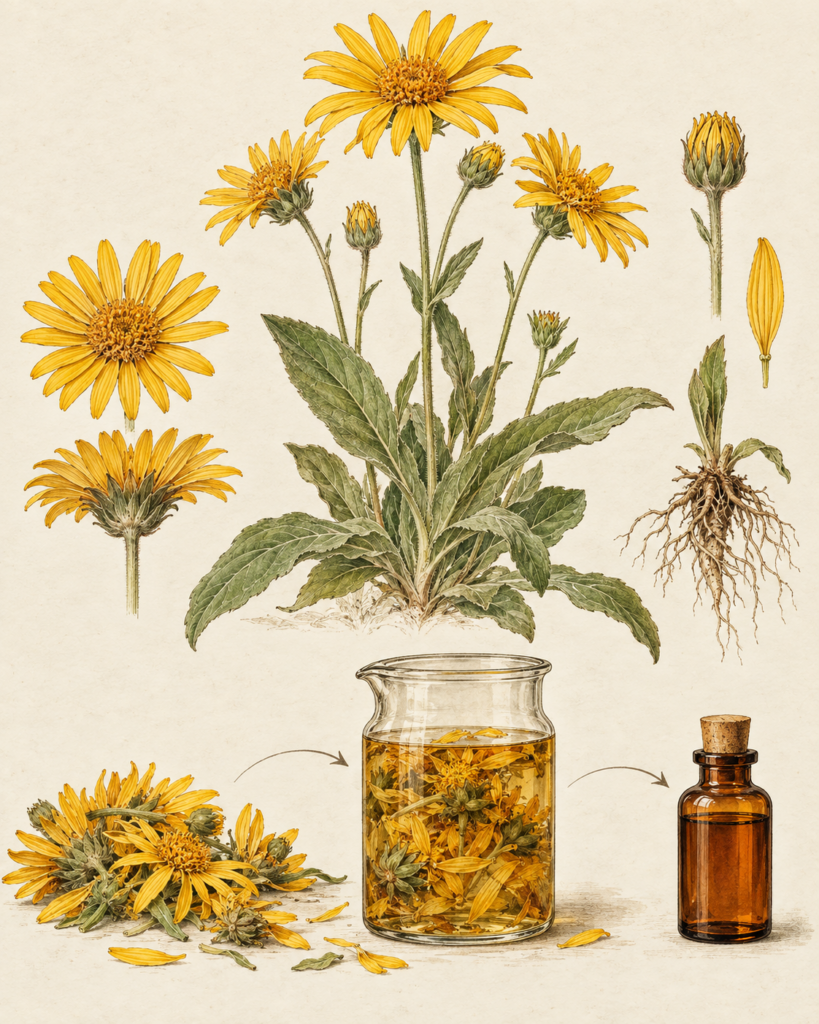 Conceptual illustration showing arnica flowers, a maceration vessel and botanical extract