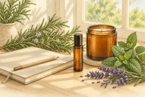 Botanical workspace scene with an aromatherapy roll-on and safely placed candle