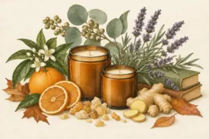 Autumn and winter candle scents with amber candles, citrus and seasonal botanicals