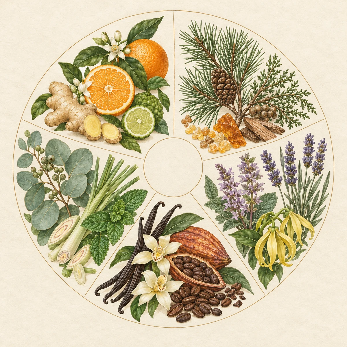 Botanical autumn and winter scent families including citrus, wood, floral and spice