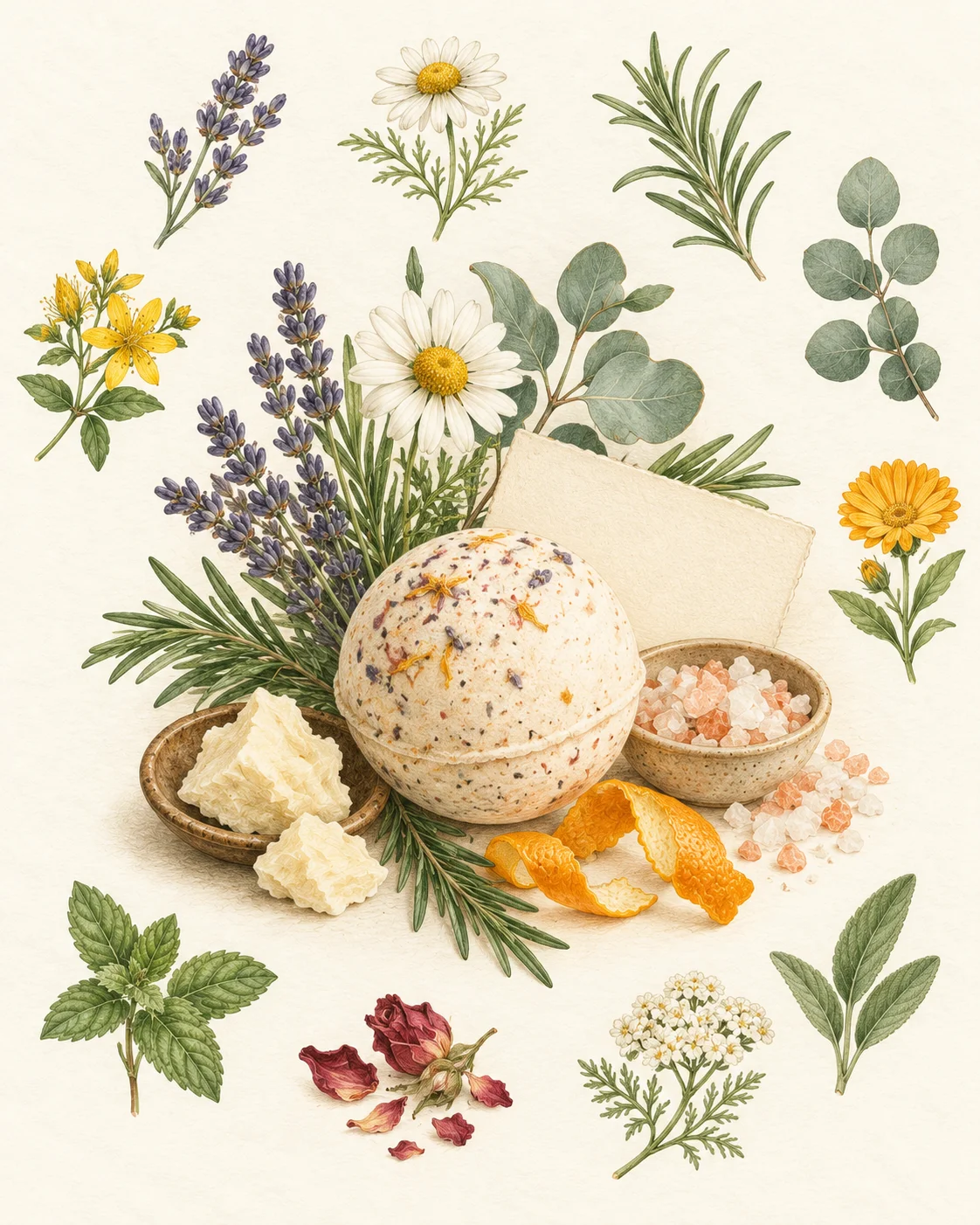 Botanical bath bomb and ingredients for a buying checklist